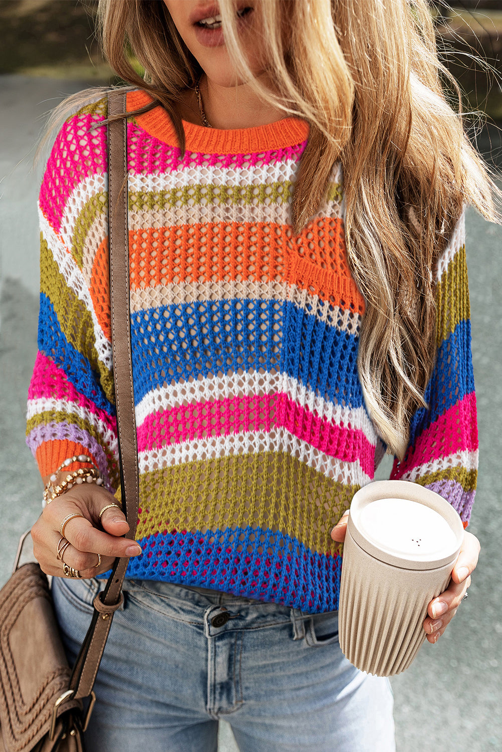 Orange Stripe Colorblock Hollowed Crochet 3/4 Sleeve Sweater