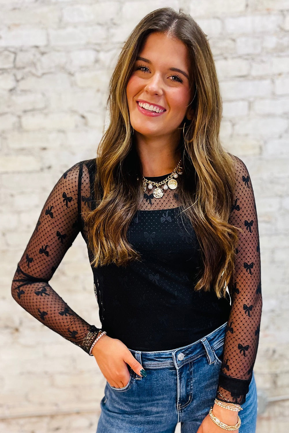 Black Bow Pattern Mesh Long Sleeve Top