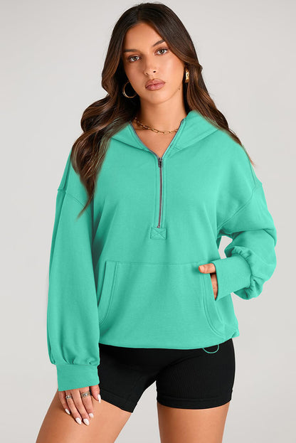 Solid Kangaroo Pocket Half Zipper Oversized Hoodie