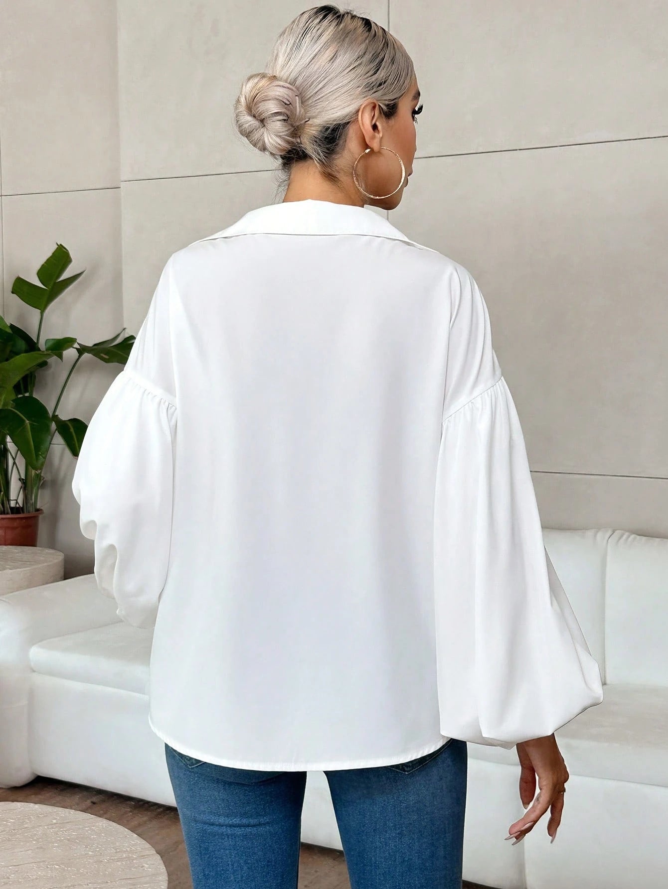 Black V Neck Lantern Sleeve Blouse Loose Fit Top