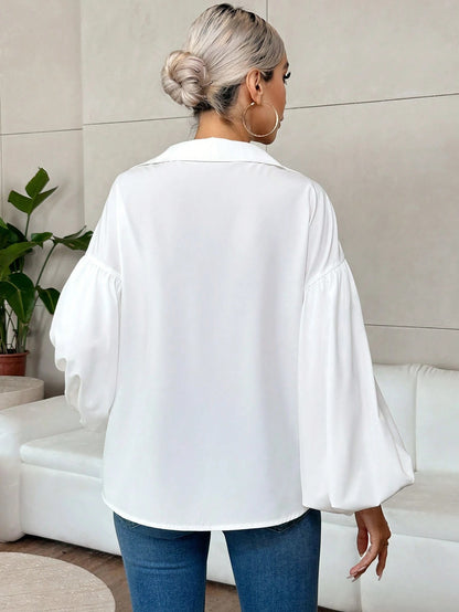 Black V Neck Lantern Sleeve Blouse Loose Fit Top