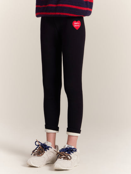 Girls Fleece Lined Black Leggings with Heart Patch