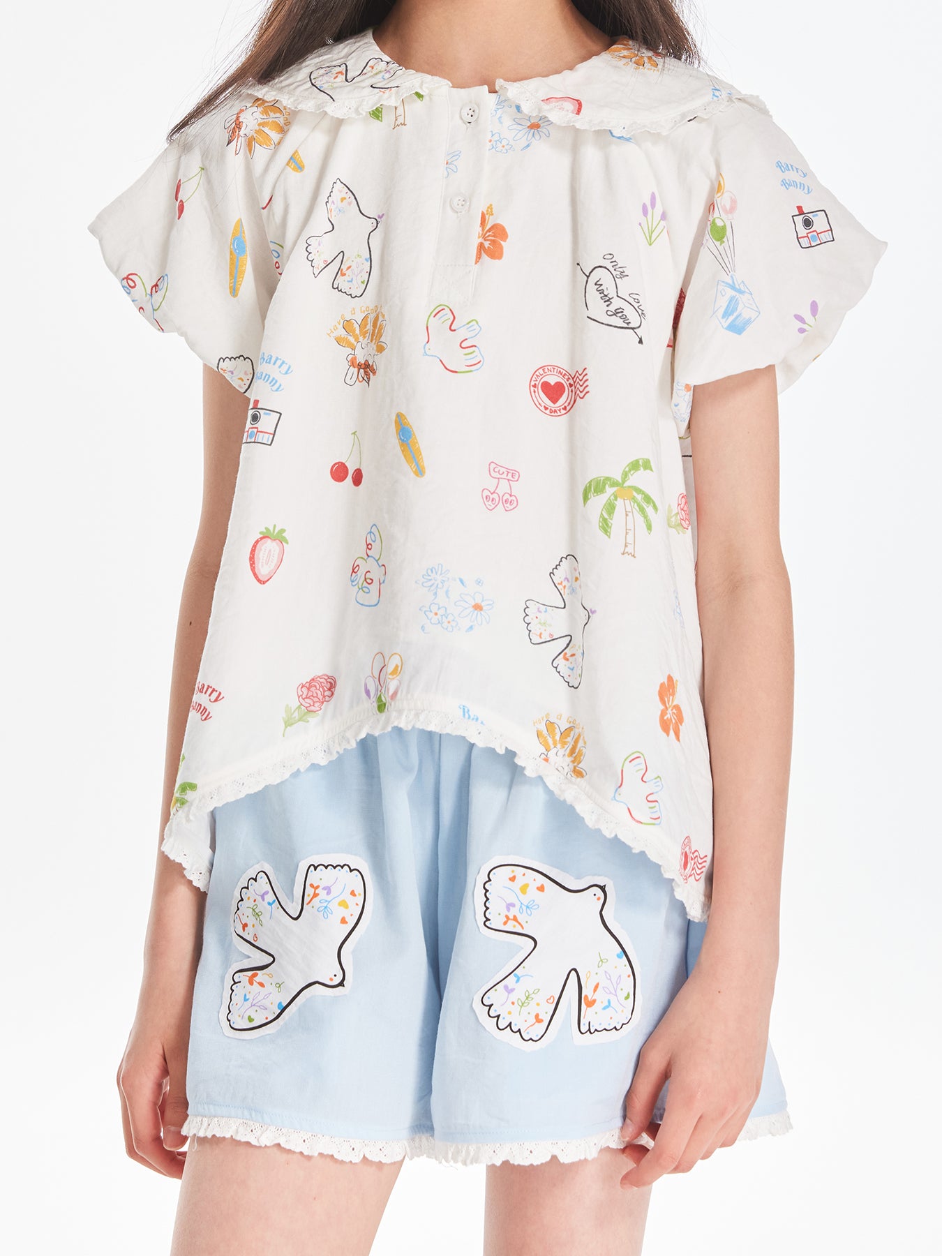 Girls Lace Collar Printed Blouse with Cute Shorts