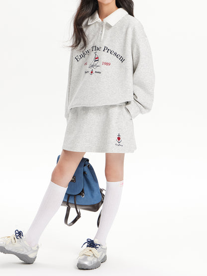 Girls Vintage Polo Sweatshirt & Wide Leg & Skirt Set - Retro Style