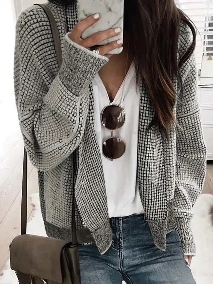 Contrast Trim Plaid Open-Front Knit Cardigan