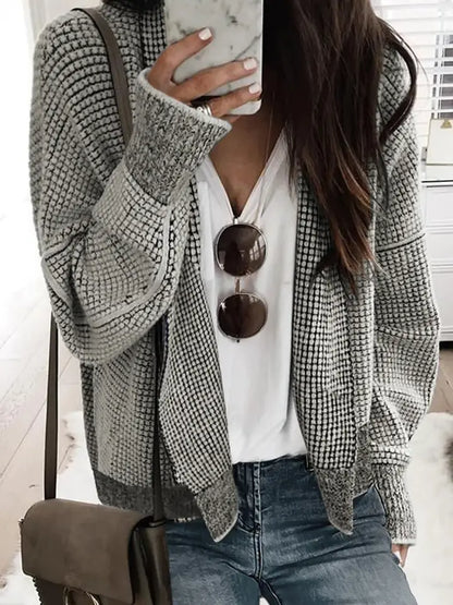Contrast Trim Plaid Open-Front Knit Cardigan