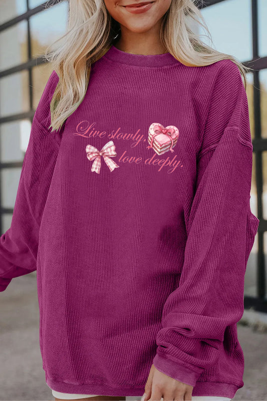 Valentine Bow Heart Corduroy Ribbed Oversized Sweatshirt