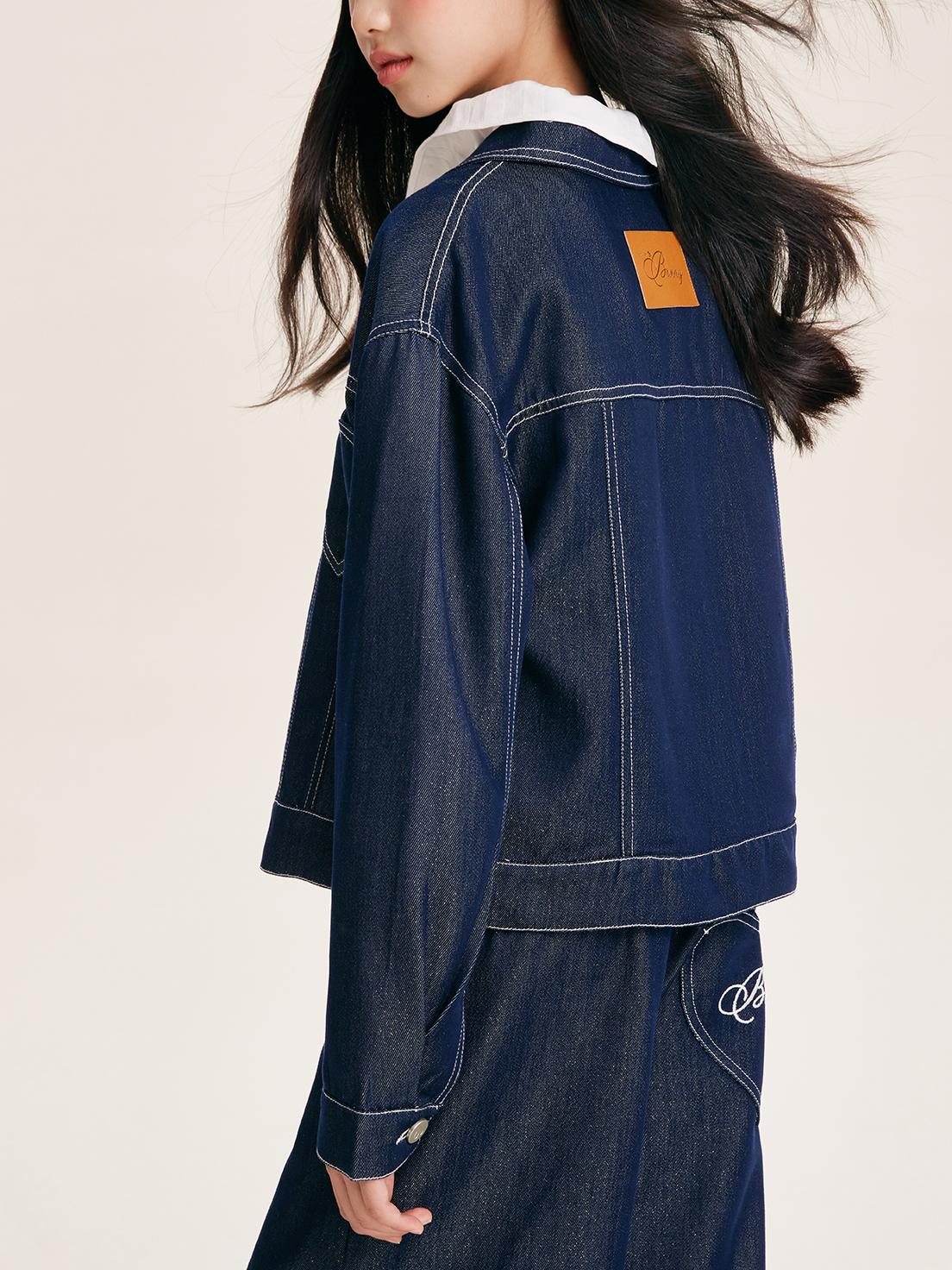 Girls Denim Jacket with Heart Pocket and Button Front