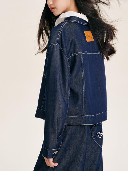 Girls Denim Jacket with Heart Pocket and Button Front