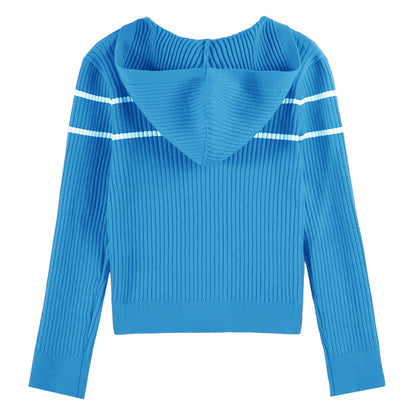 Girls' Striped Knit Hoodie Sweater with Long Sleeves