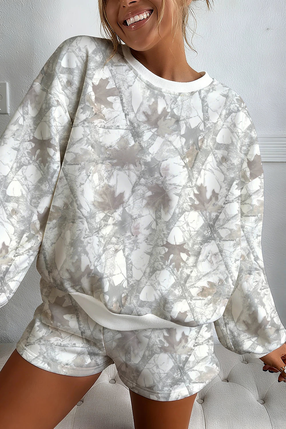 Light Grey Abstract Woodland Camo Print Baggy Pullover Drawstring Shorts Set