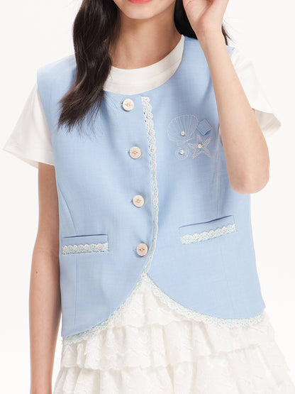 Girls Dolphin Embroidered Lace Trim Sleeveless Vest Top
