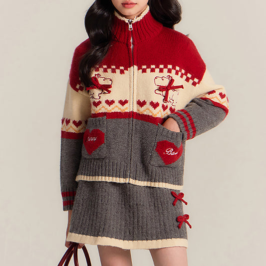 Kids' Cozy Knit Cardigan and Skirt Set with High Collar