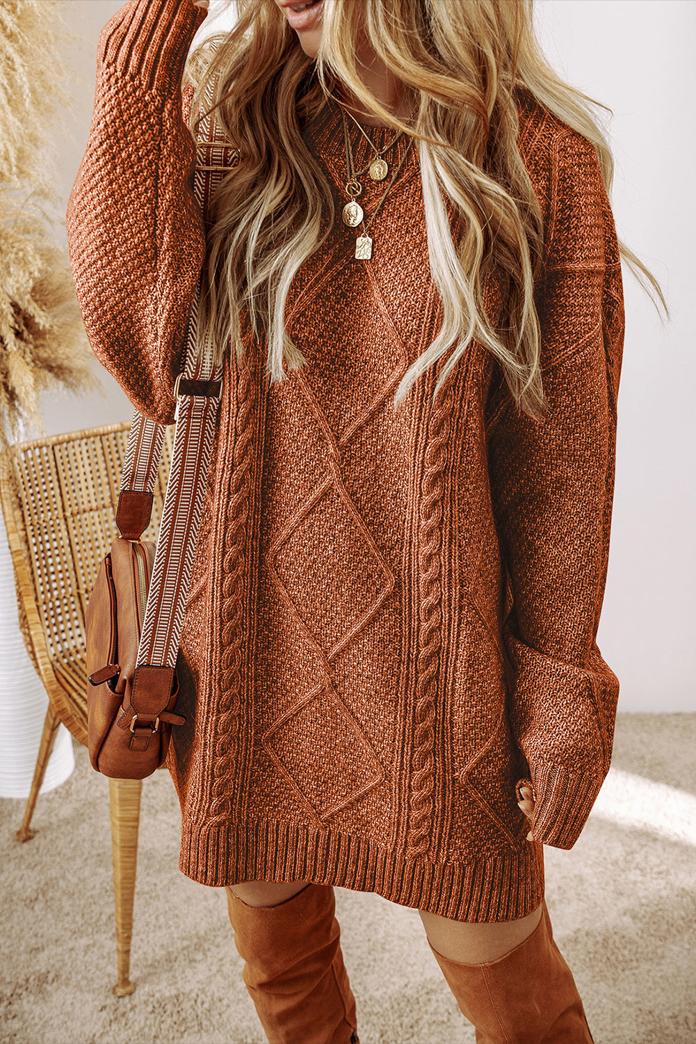 Cozy Cable Knit Drop Shoulder Oversized Sweater Dress