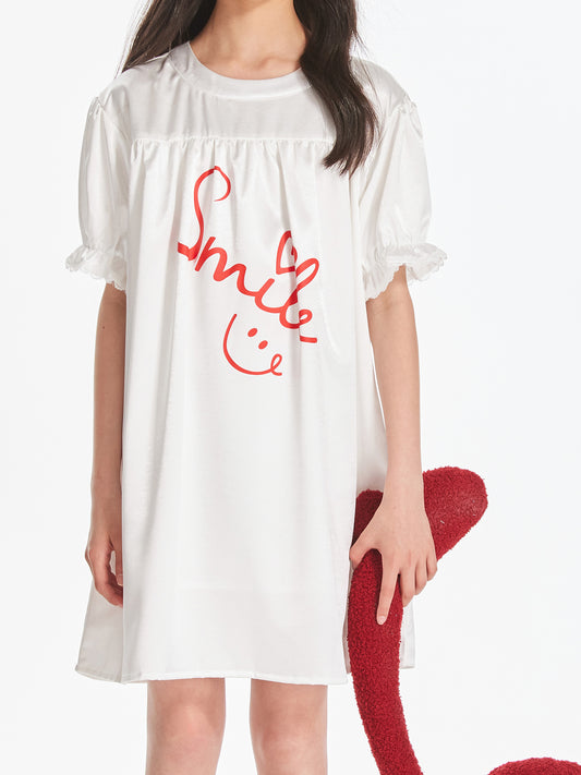 Girls White Satin Letter Print Puff Sleeve Dress