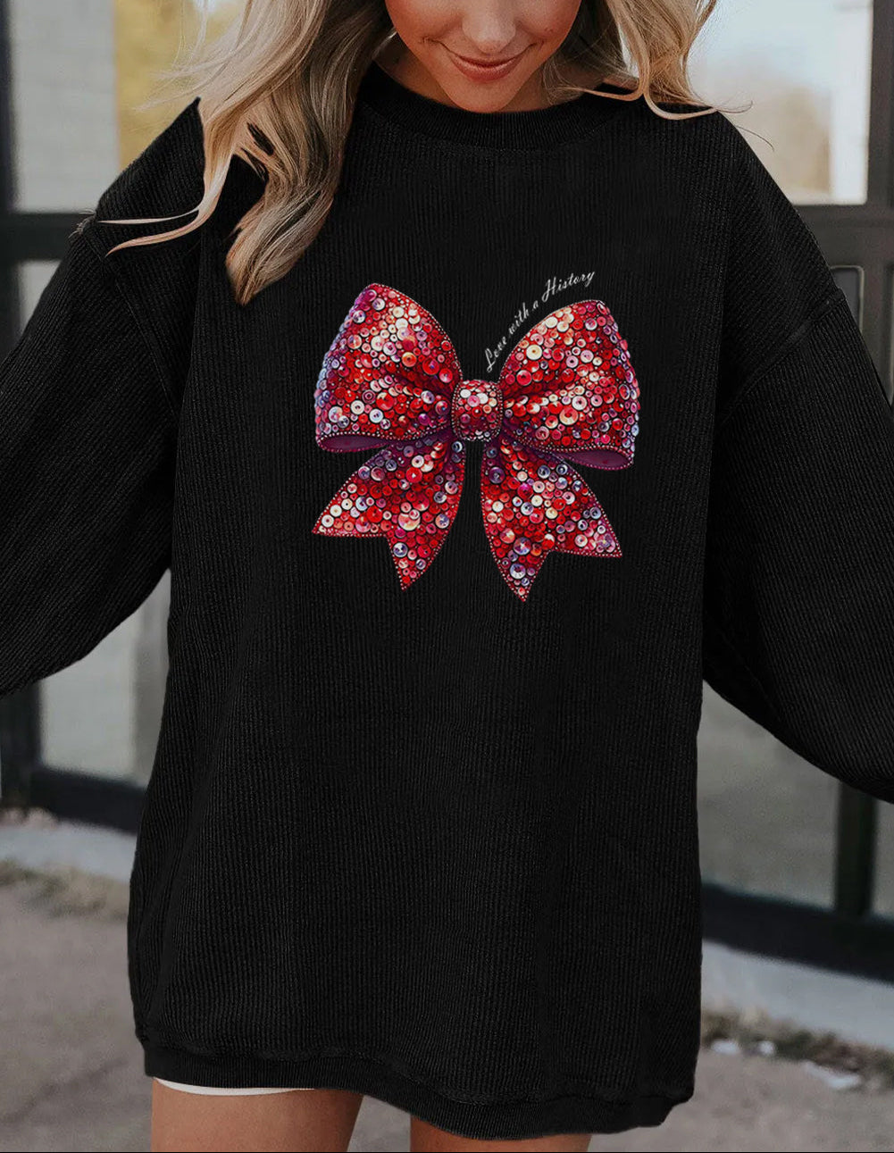 Valentine Sequin Bow Heat Transfer Corduroy Sweatshirt