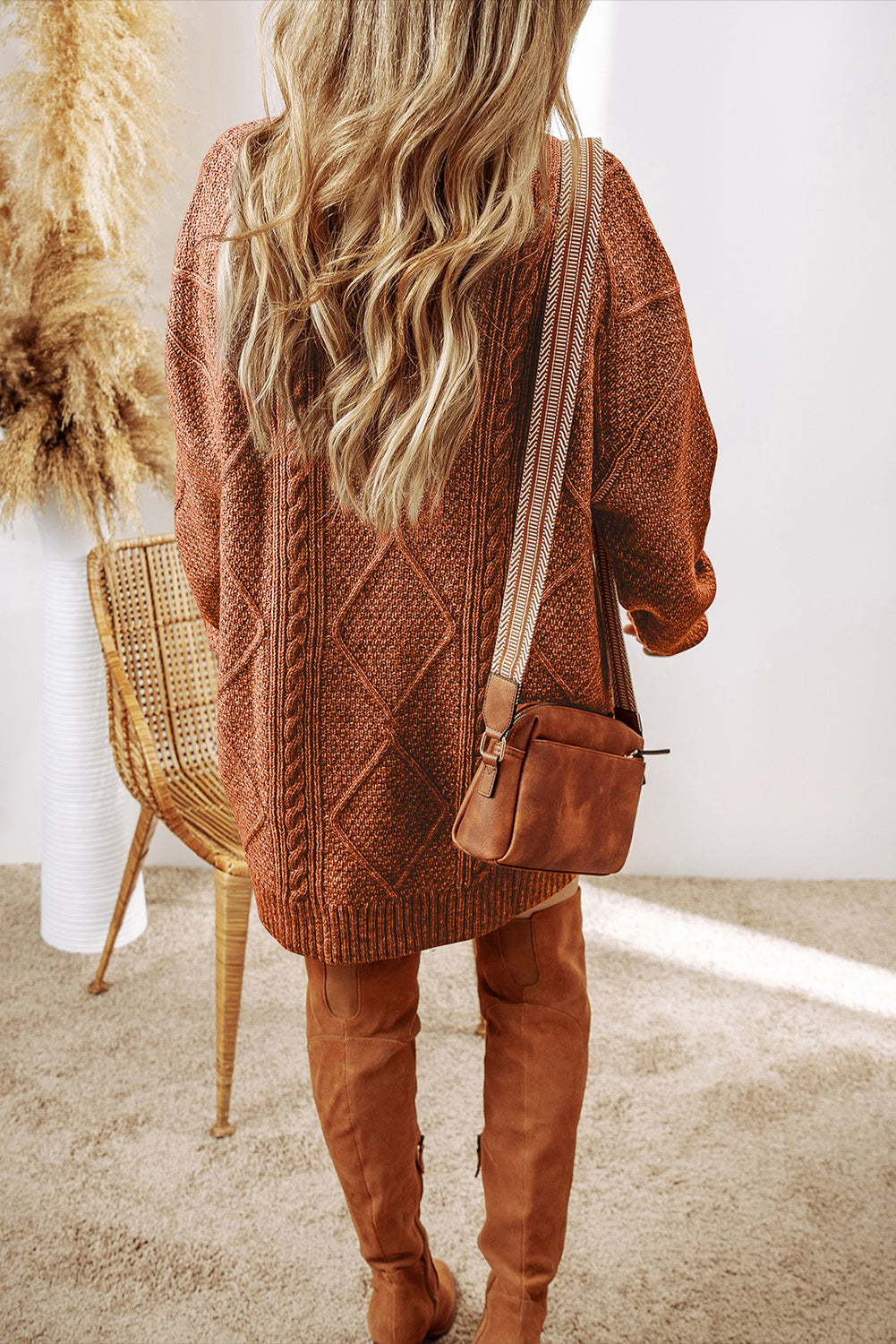 Cozy Cable Knit Drop Shoulder Oversized Sweater Dress