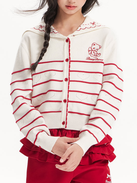 Adorable Heart Pattern Teddy Bear Button-Up Cardigan for Girls