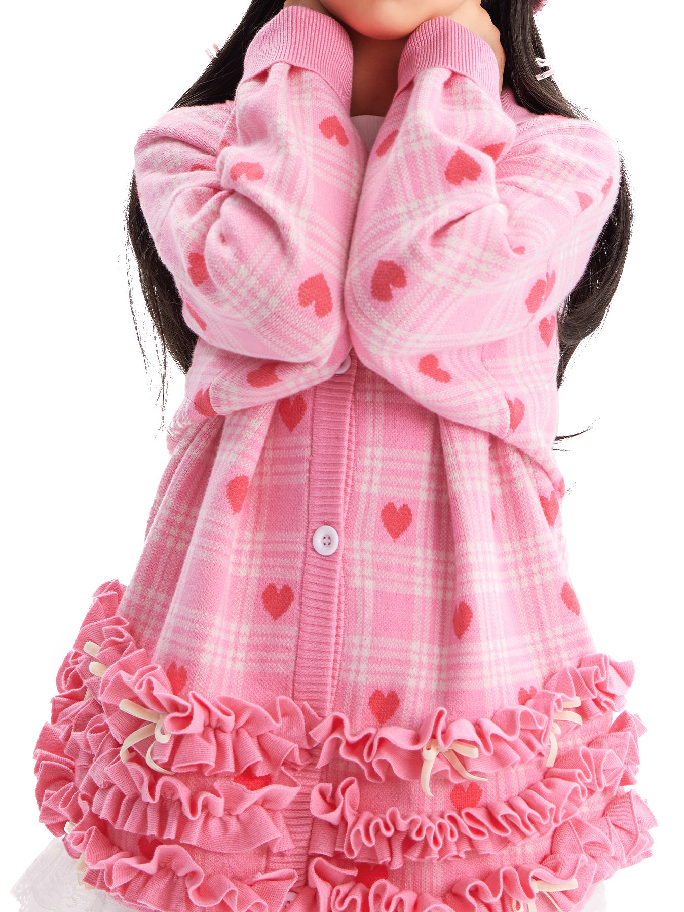 Pink Heart Plaid Ruffle Cardigan for Girls