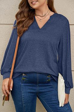 Solid Colour V-Neck Loose Bubble Long Sleeve T-Shirt Top