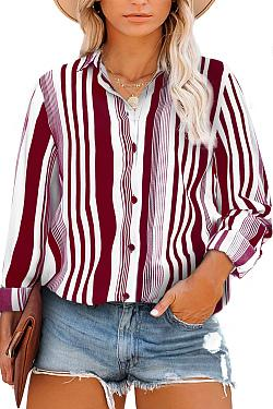 Striped Casual V-Neck Long Sleeve Chiffon Shirt Women's Tops Plus Size