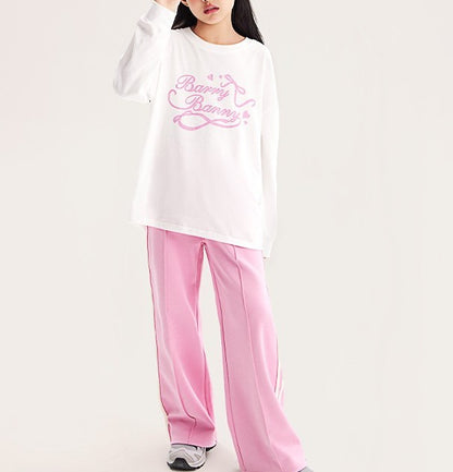 Girls Sweet Print Long Sleeve White Crewneck Tee