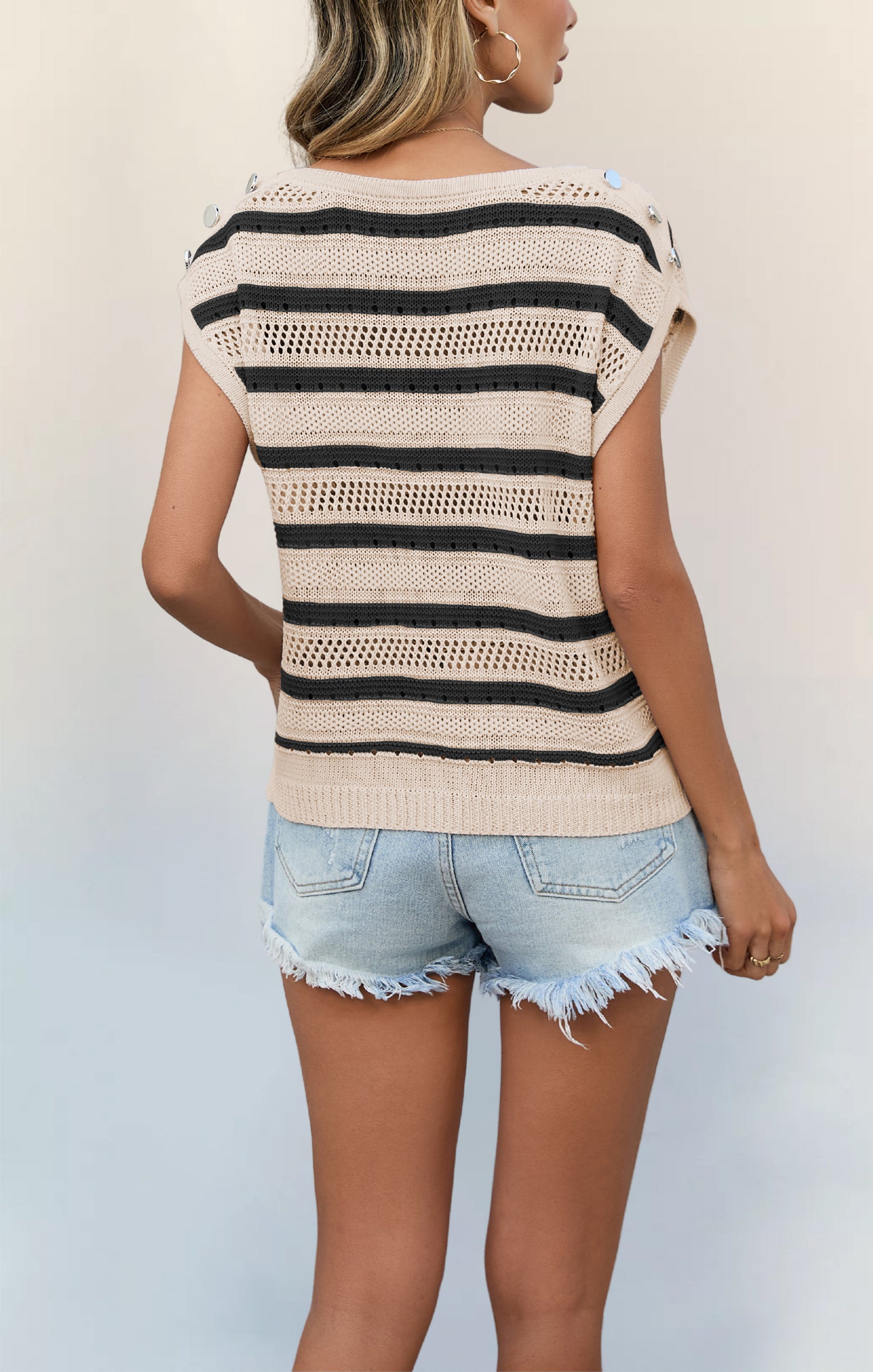 Womens Striped Knit Top Sleeveless Crew Neck Sweater