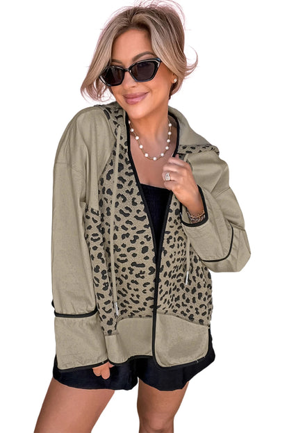 Brown Leopard Star Hooded Patchwork Contrast Piping Open Front Jacket