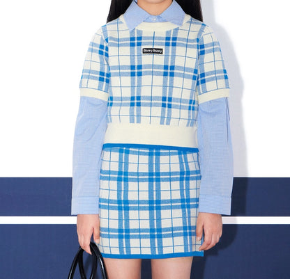 Plaid Blue British Style Kids Knit Top & Skirt Set
