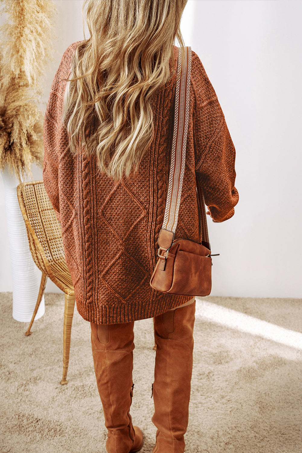 Cozy Cable Knit Drop Shoulder Oversized Sweater Dress
