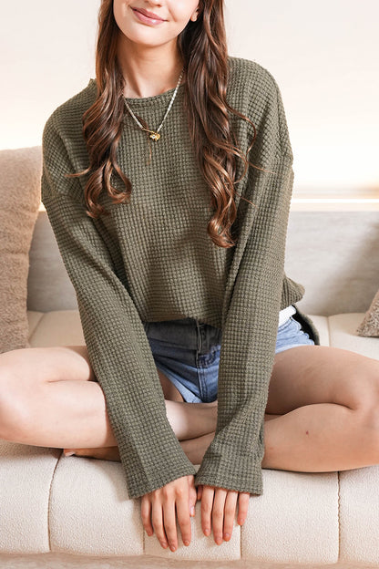 Olive Waffle Knit Oversized Top Side Slit Casual Pullover