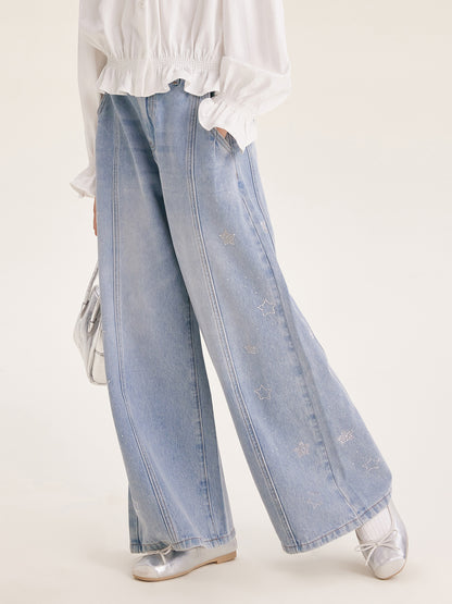Girl's Wide Leg Star Print Denim Jeans Casual Pants
