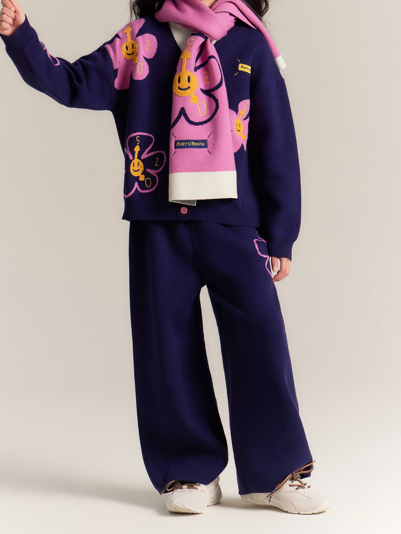Kids Flower Knit Cardigan and Wide Leg Pants Set