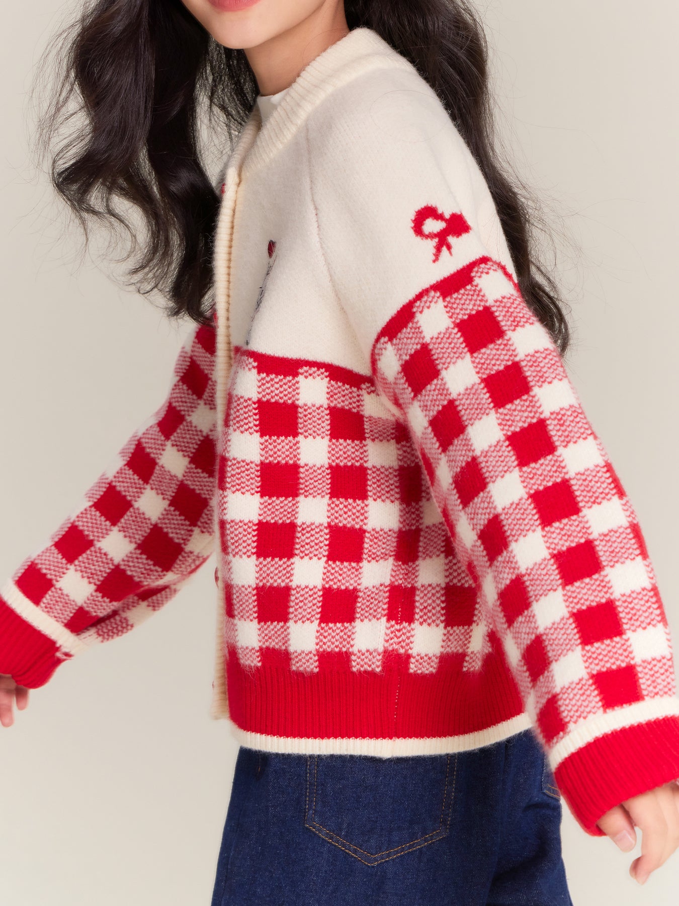 Girls Red Plaid Knit Cardigan Sweater with Heart Buttons