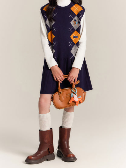 Girls Argyle Knit Dress Sleeveless Plaid Jumper Outfit