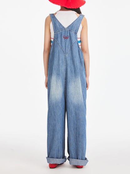 Girls Classic Cotton Denim Overalls Wide Leg Jumpsuit