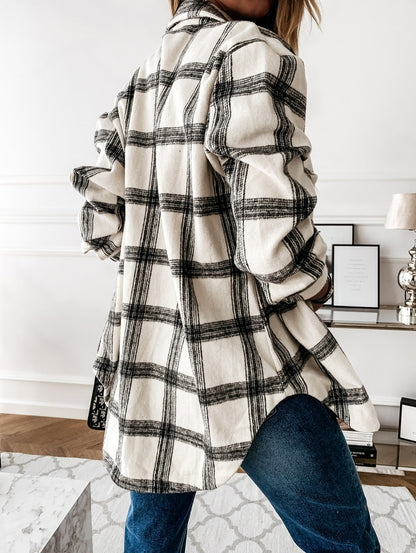 Beige Plaid Oversized Shacket Wool Blend Button Down Jacket