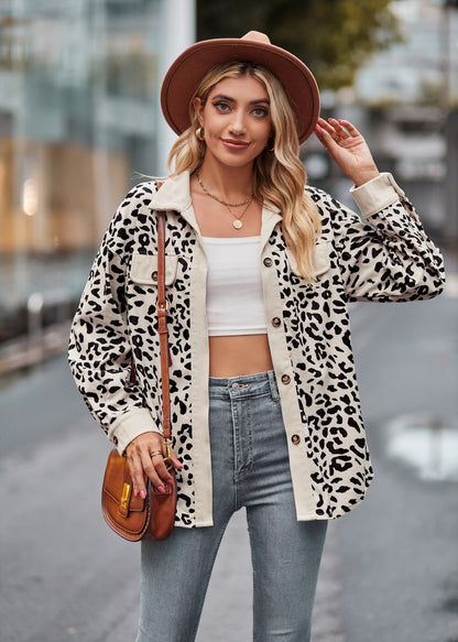 Leopard Print Corduroy Button Down Oversized Shirt Jacket