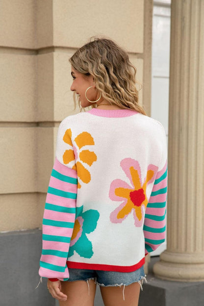 2025 Fall Winter Women’s Colorful Floral Striped Knit Sweater
