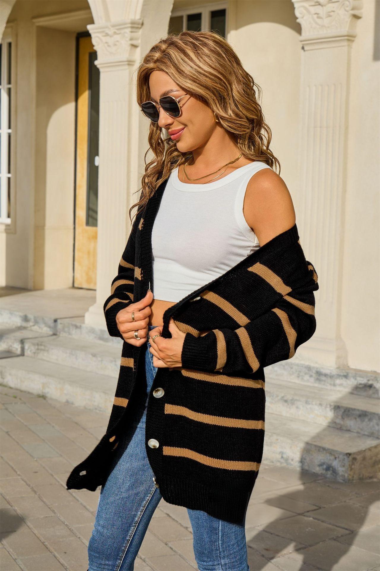 Striped Button Front Knit Cardigan – Casual Fall Outerwear