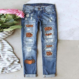 Halloween Pumpkin Print Distressed Straight Leg Jeans