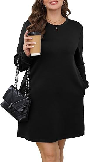 Cozy Long Sleeve Crewneck Sweatshirt Dress with Pockets