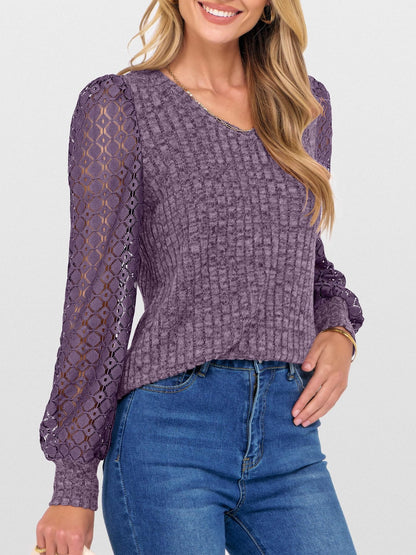 V-Neck Knit Top with Lace Puff Long Sleeves
