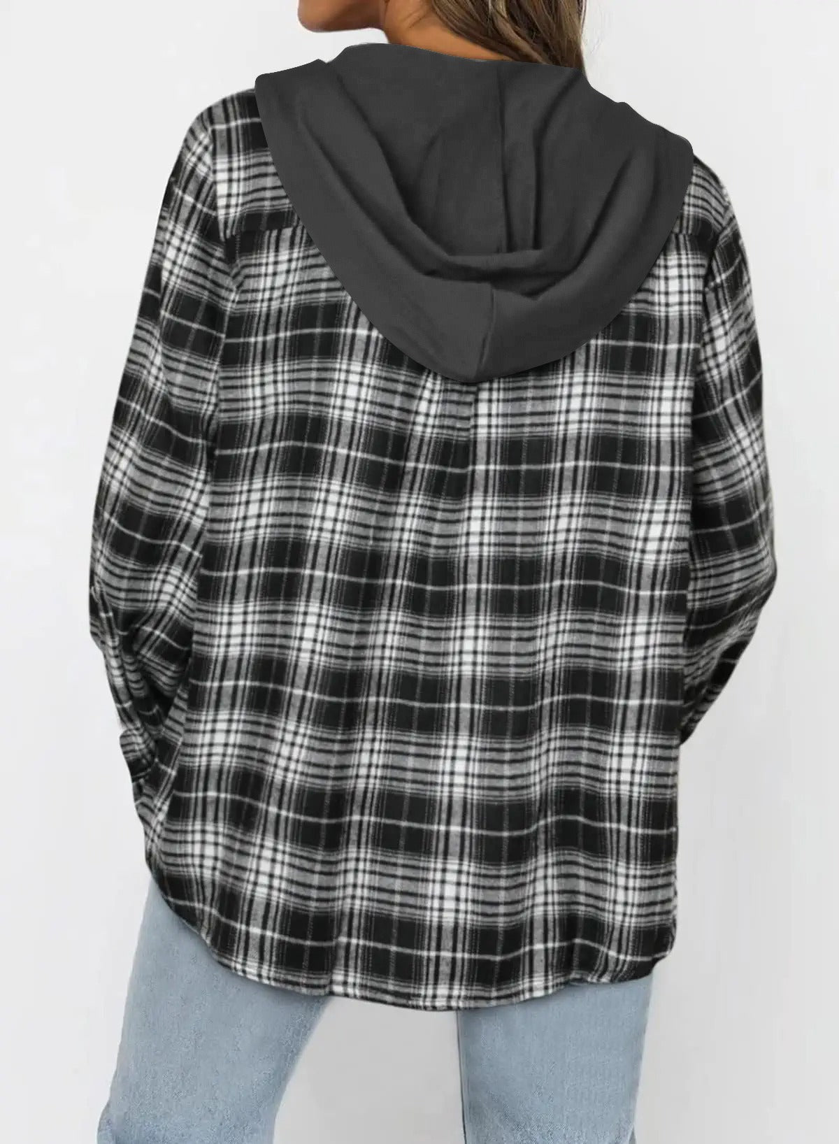 Hooded Plaid Button-Up Jacket - Casual Oversized Shacket