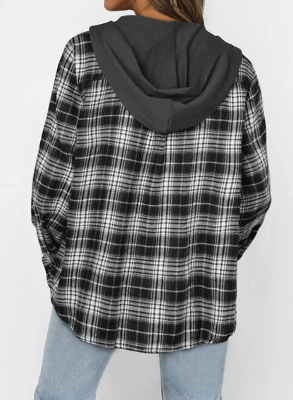Hooded Plaid Button-Up Jacket - Casual Oversized Shacket