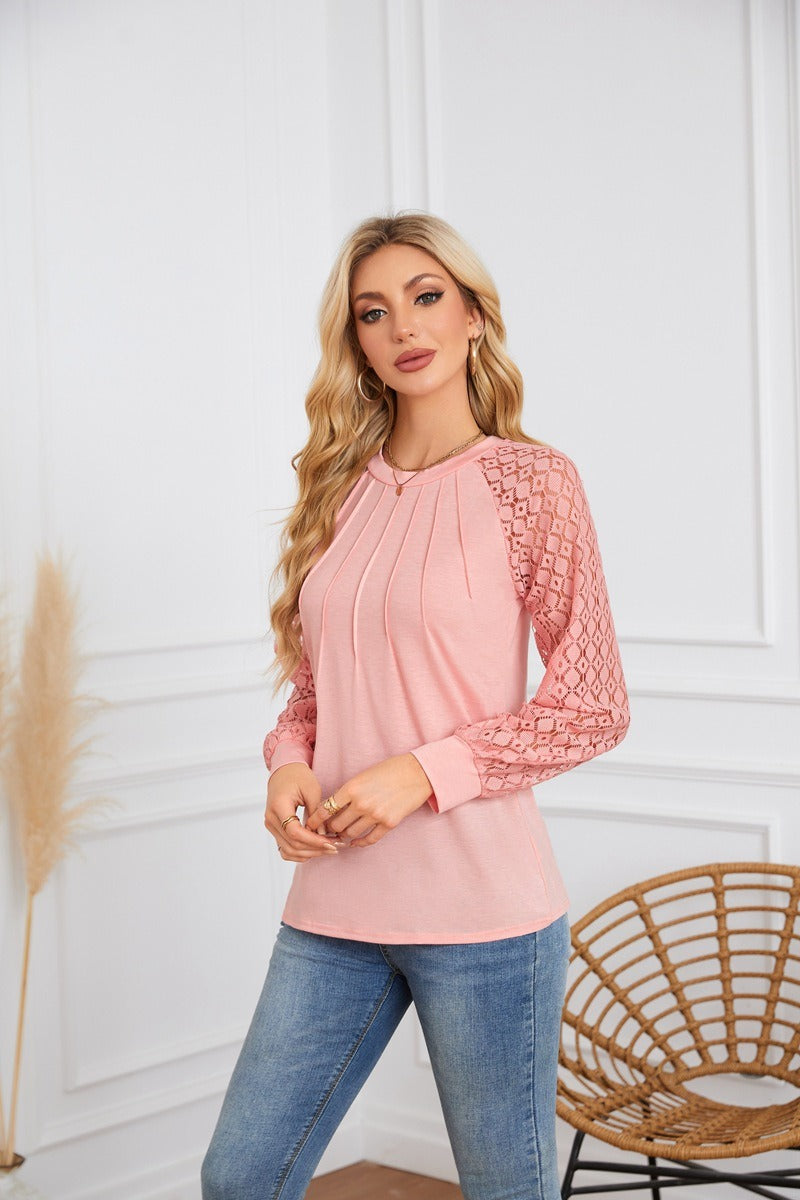 Lace Sleeve Pleated Blouse - Round Neck Long Sleeve Top