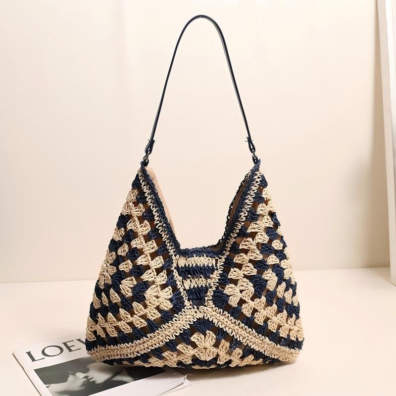 Crochet Straw Shoulder Bag Boho Beach Tote for Women