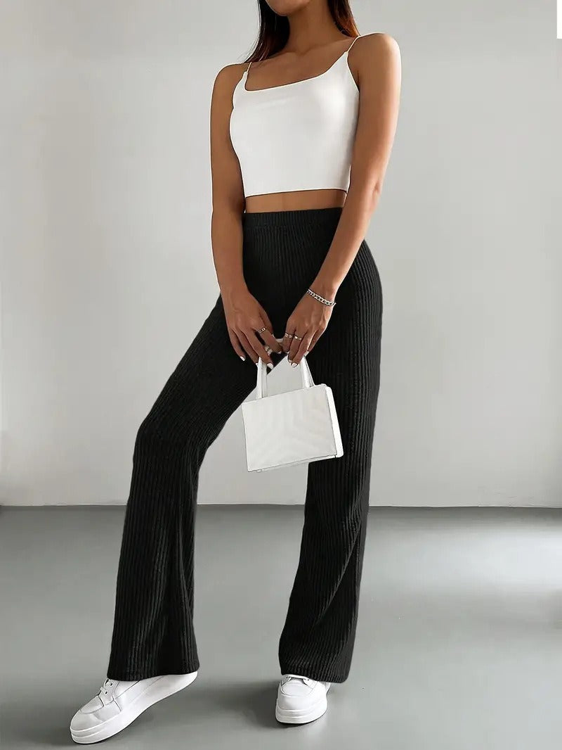 High Waist Ribbed Knit Flare Pants for Women