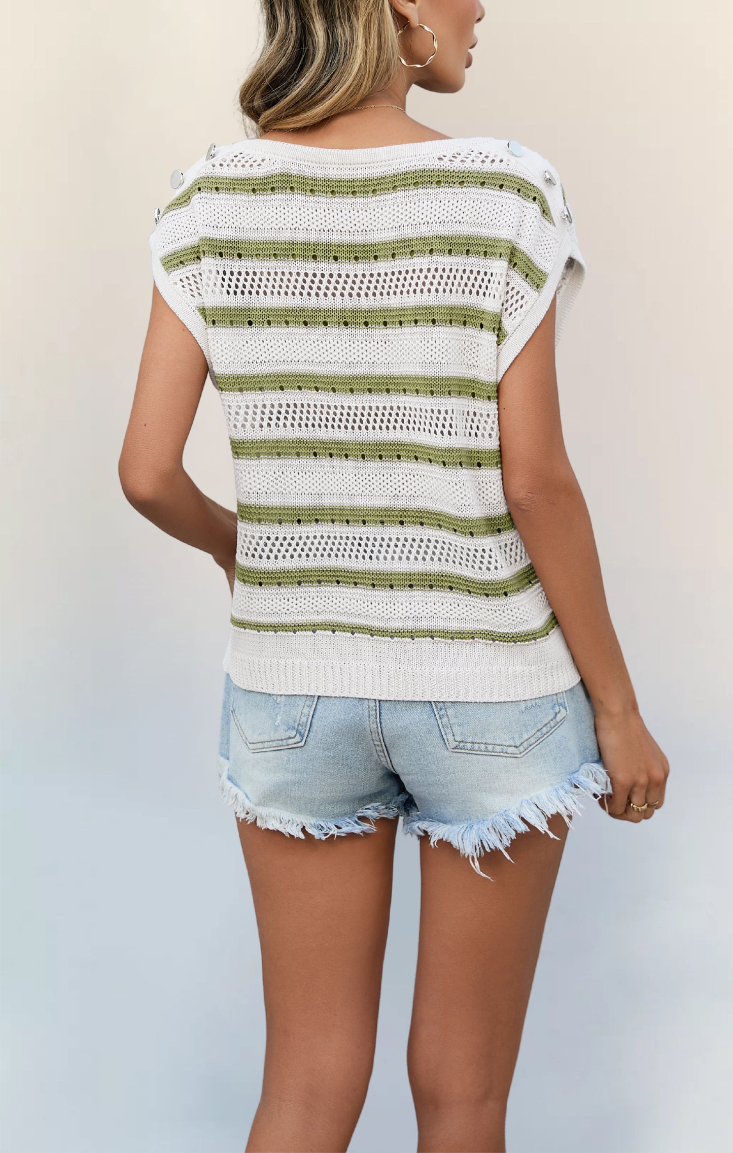 Womens Striped Knit Top Sleeveless Crew Neck Sweater