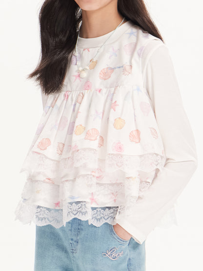 Girls Lace Layered Seashell Print Sleeveless Vest Top